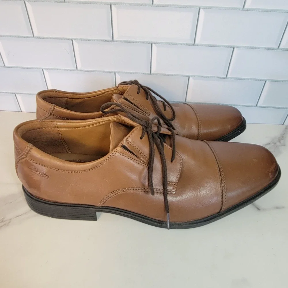 Clarks Collection Tilden Cap Brown Leather Oxford Mens Dress Shoes Size 9.5 M